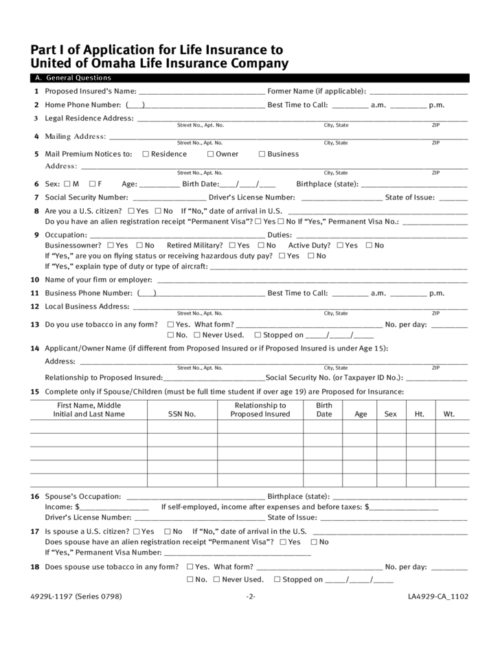 Sample Life Insurance Application